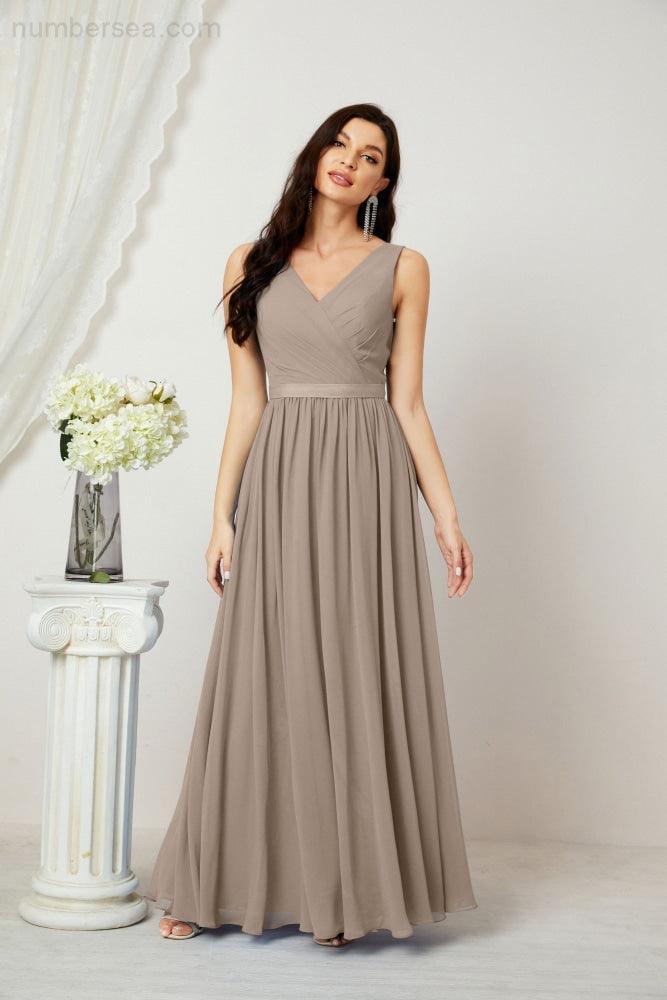 Abiti lunghi da damigella in chiffon da donna, linea a, senza maniche, abito formale da ballo per serata, abiti per festa di ritorno a casa 2808
