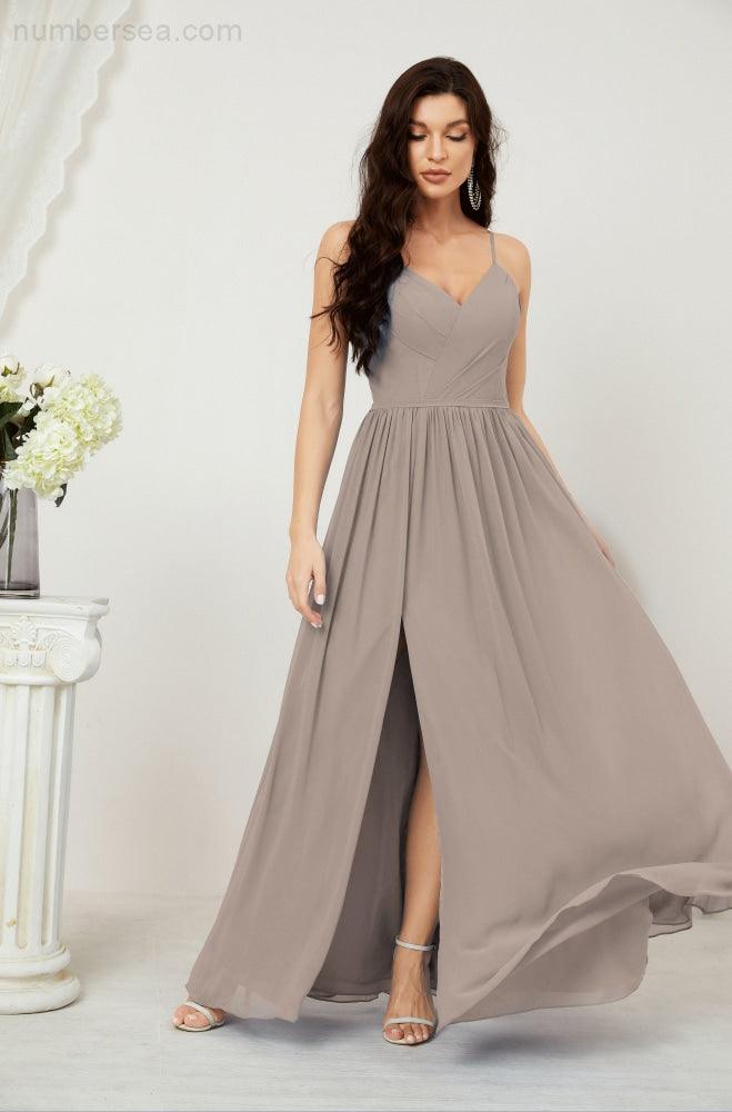 Neck Bridesmaid Dresses Chiffon Long Spaghetti A-line Formal Prom Gown for Wedding Party Evening 2801