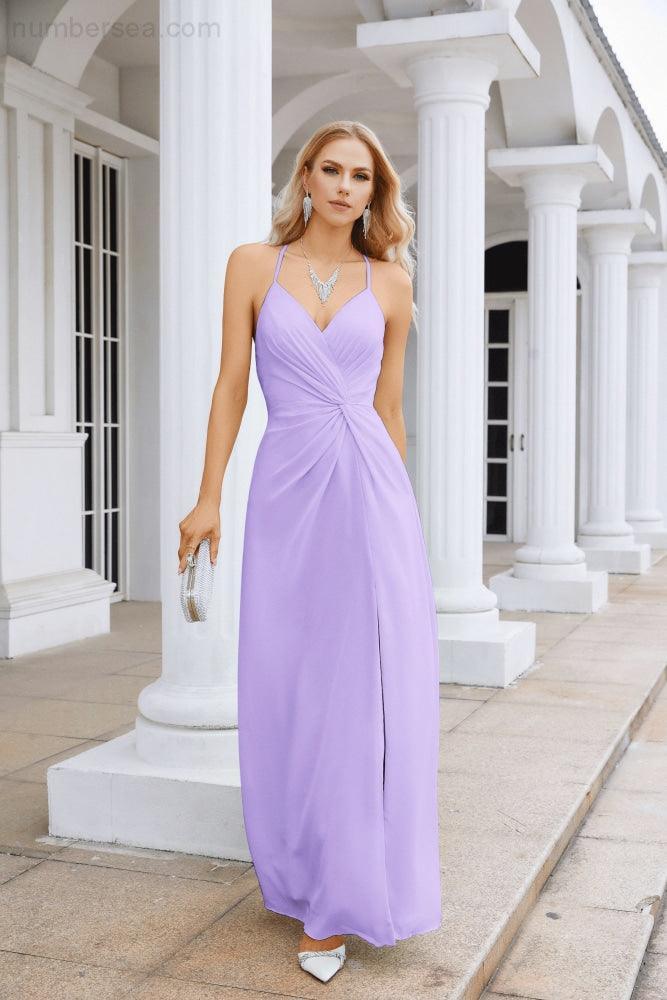 Vestido de Festa Comprido até ao Chão para Damas de Honra, em Chiffon, com Alças Finas, Decote em V e Fenda Frontal, para Baile, Festa e Casamento 28116