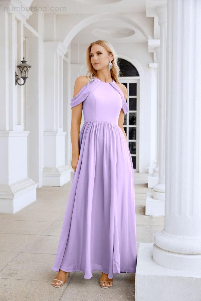 Abito da sera da damigella in chiffon con spalle scoperte, maniche a campana e spacco frontale, abito da festa nuziale 28117