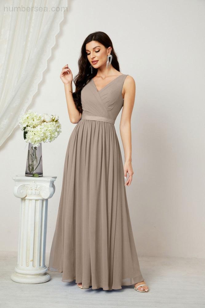 Abiti lunghi da damigella in chiffon da donna, linea a, senza maniche, abito formale da ballo per serata, abiti per festa di ritorno a casa 2808