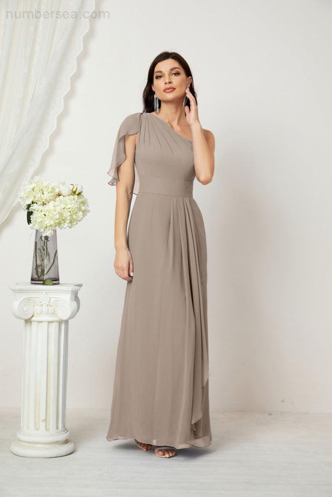Chiffon Ruffled One Shoulder Long Bridesmaid Dresses A-line Formal Evening Gown Side Split 2809