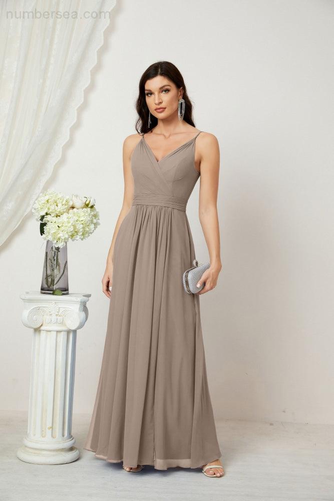 Chiffon V-Neck Bridesmaid Dress Spaghetti Strap Long Formal Party Prom Gowns with Slit 28010