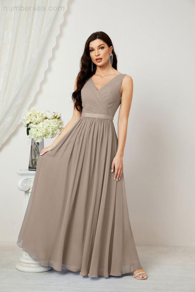 Abiti lunghi da damigella in chiffon da donna, linea a, senza maniche, abito formale da ballo per serata, abiti per festa di ritorno a casa 2808