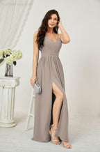 Neck Bridesmaid Dresses Chiffon Long Spaghetti A-line Formal Prom Gown for Wedding Party Evening 2801