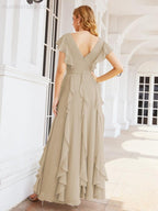 Ruffled Bridesmaid Dresses with Sleeves Long Formal Party Dress 28041
