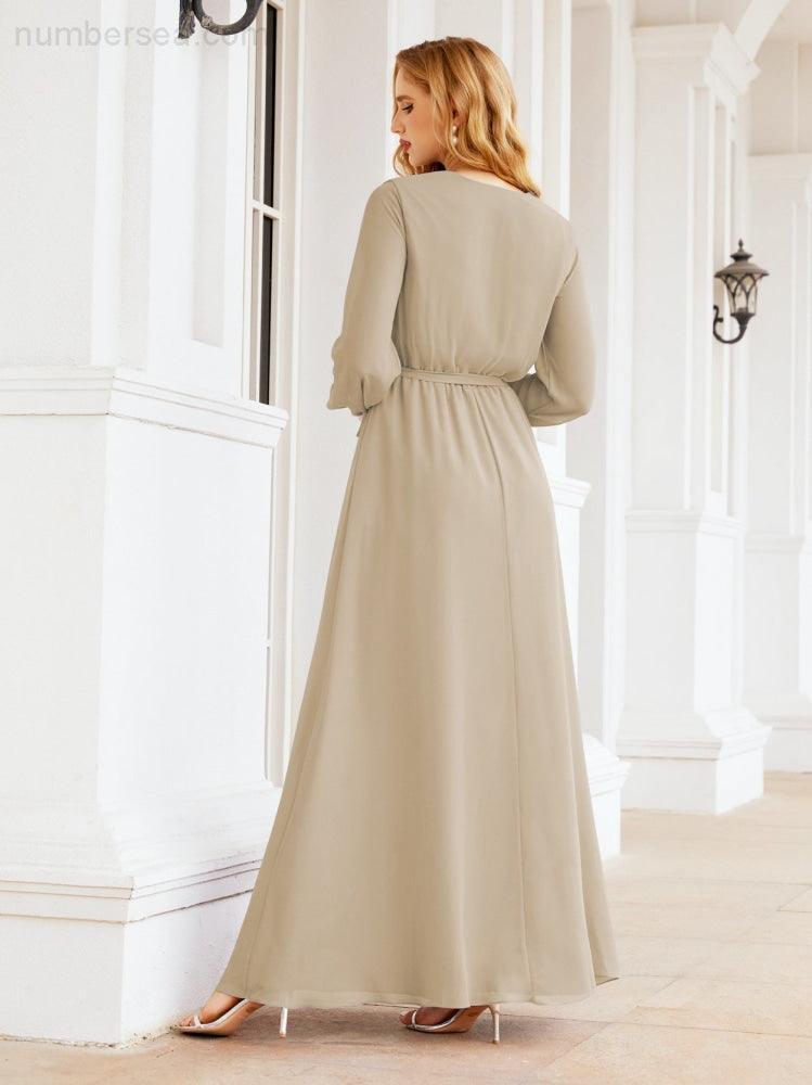Vestito da damigella d'onore in chiffon da donna Numbersea, linea a trapezio, maniche lunghe, abito lungo formale da sera per ospite di matrimonio 28032
