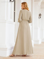 Vestito da damigella d'onore in chiffon da donna Numbersea, linea a trapezio, maniche lunghe, abito lungo formale da sera per ospite di matrimonio 28032