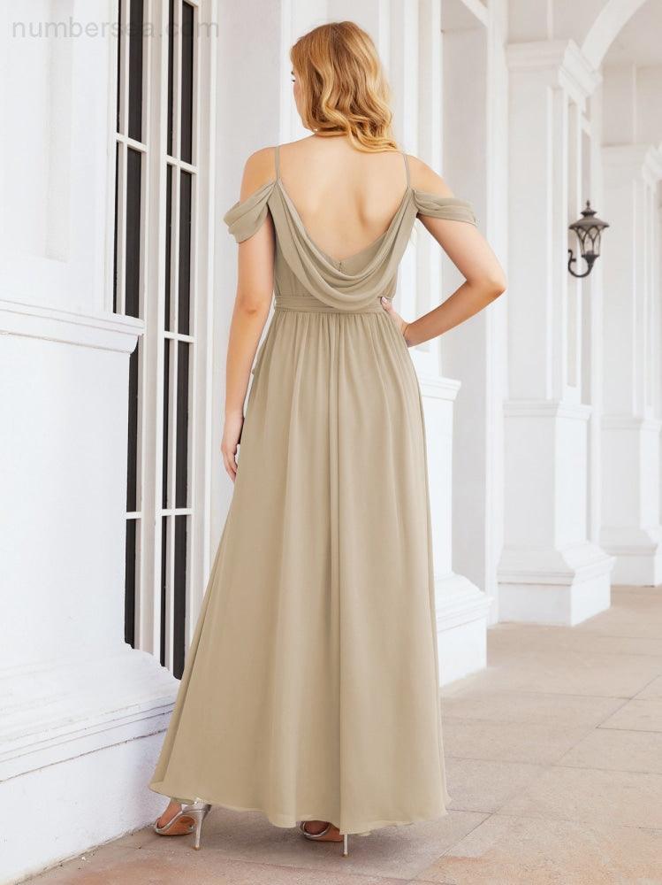 Numbersea Abito da Damigella in Chiffon con Spalle Scoperte, Abito Lungo Formale per Laurea con Schiena a Mantella 28069