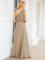 Chiffon Ruffled One Shoulder Sleeveless Long Bride Dresses A-line Formal Evening Gown Side Split 28057