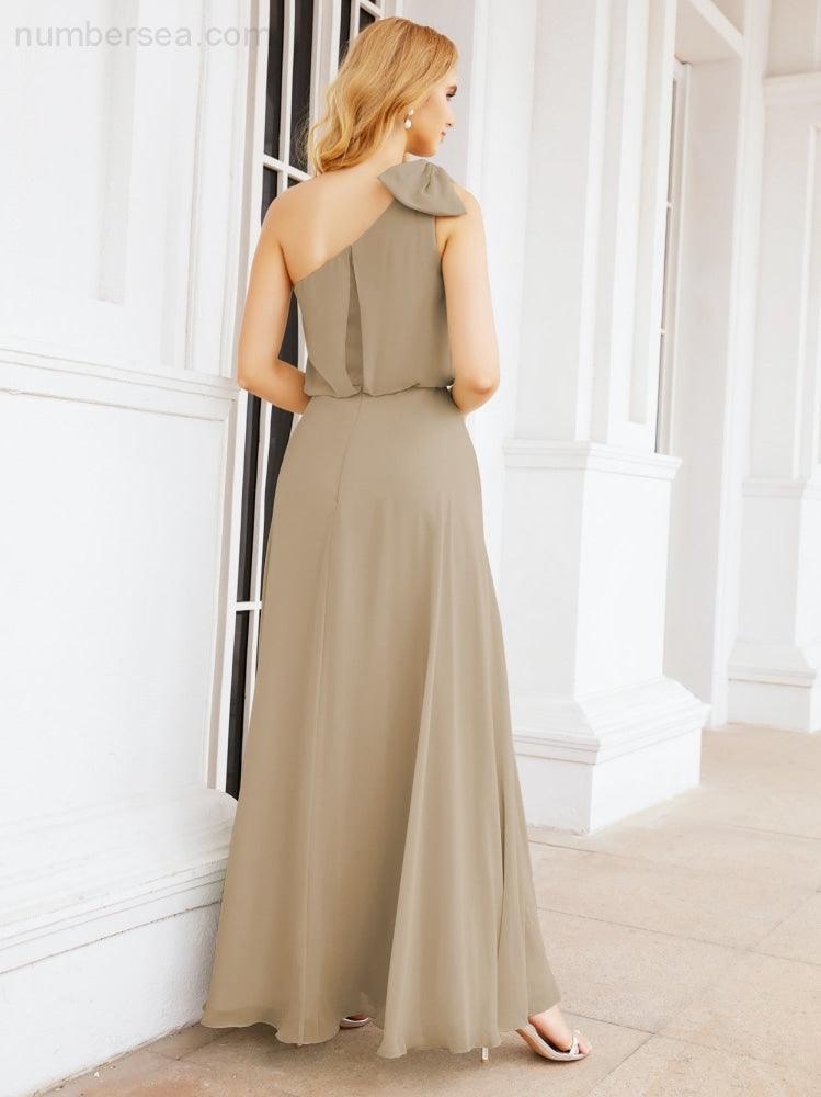 Chiffon Ruffled One Shoulder Sleeveless Long Bride Dresses A-line Formal Evening Gown Side Split 28057