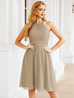 Halter Chiffon Bridesmaid Dresses Short Sleeveless Formal Party Dress Open Back 28023