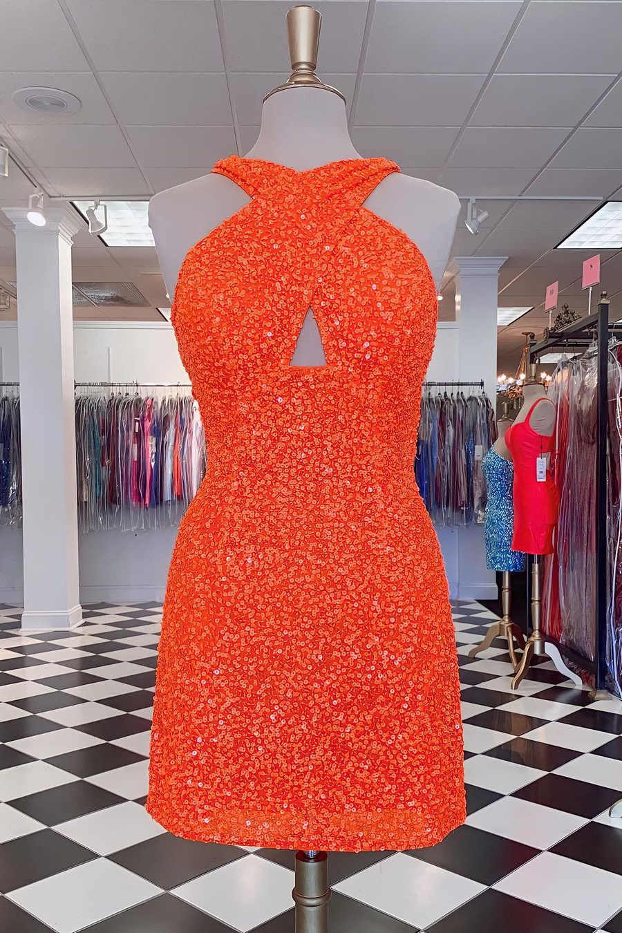 Lynn | Vestido de Festa de Regresso a Casa em Linha A, Justo, Sem Costas, com Lantejoulas Rosa-Choque