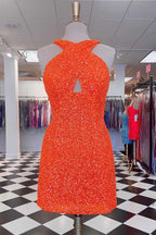 Lynn | Vestido de Festa de Regresso a Casa em Linha A, Justo, Sem Costas, com Lantejoulas Rosa-Choque