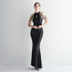 Pailletten Craft Perlen Cocktail Abendkleid Elegante Lange Neckholder Slim Fit Fischschwanz 