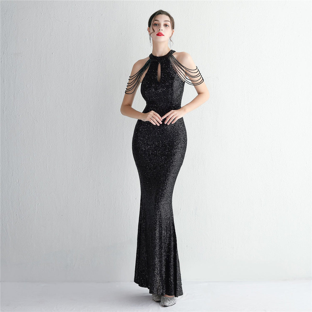 Pailletten Craft Perlen Cocktail Abendkleid Elegante Lange Neckholder Slim Fit Fischschwanz 