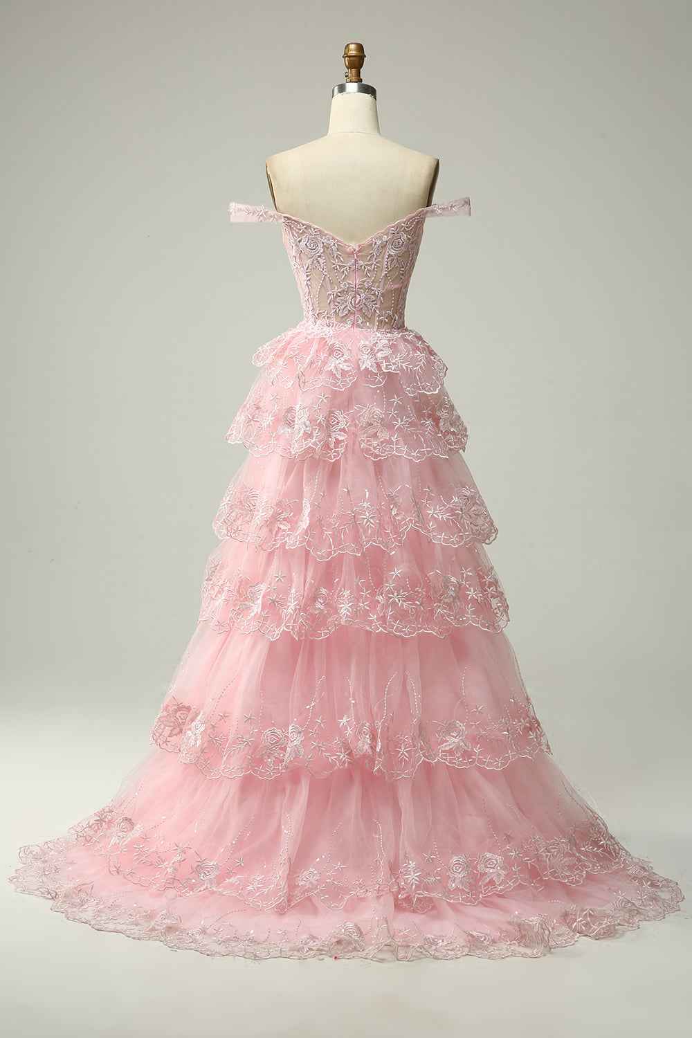 Fuchsia Princess Off the Shoulder Long Tiered Corset Prom Dress with Sequins