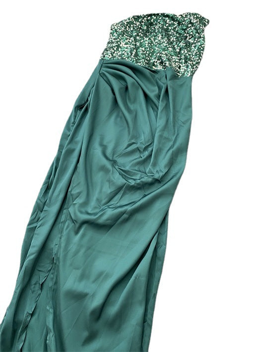 Vestido de noite de comprimento médio de uma peça de manga comprida de fada verde com lantejoulas verdes
