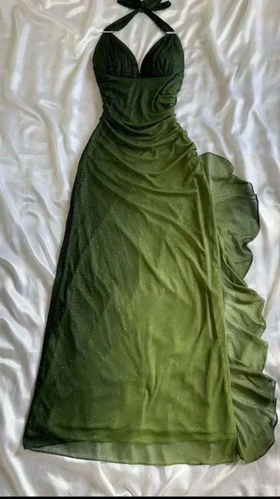 Robe longue de bal en mousseline verte dégradée à col en V et dos nu, robe de soirée pour fête Y7484