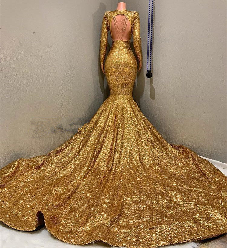 Vestido de Baile Dourado Longo com Lantejoulas, Decote em V, Costas Descobertas, Estilo Sereia e Mangas