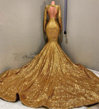 Vestido de Baile Dourado Longo com Lantejoulas, Decote em V, Costas Descobertas, Estilo Sereia e Mangas