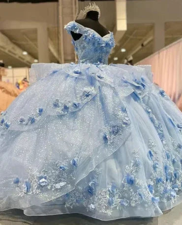 Vestido de Baile de Anos Quinceanera Gorgeous Blue Off The Shoulder com Aplicações de Tule Y7835
