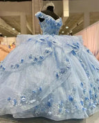 Vestido de Baile de Anos Quinceanera Gorgeous Blue Off The Shoulder com Aplicações de Tule Y7835