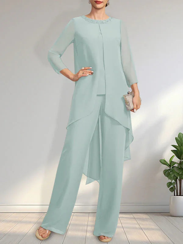 Mono/Pantalón Separado con Escote Redondo, Largo hasta el Suelo, de Gasa, Vestido de Madre de la Novia con Lentejuelas y Cuentas