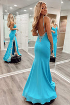 Beaded V-Neck Backless Mermaid Long Prom Dress with Slit