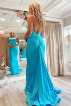 Beaded V-Neck Backless Mermaid Long Prom Dress with Slit