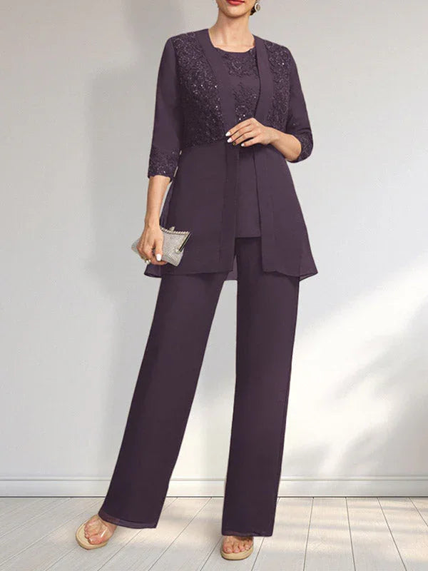 Tuta/Pantaloni Separati con Scollo a U, Lunghezza a Terra, in Chiffon e Pizzo, Abito per Madre della Sposa con Paillettes
