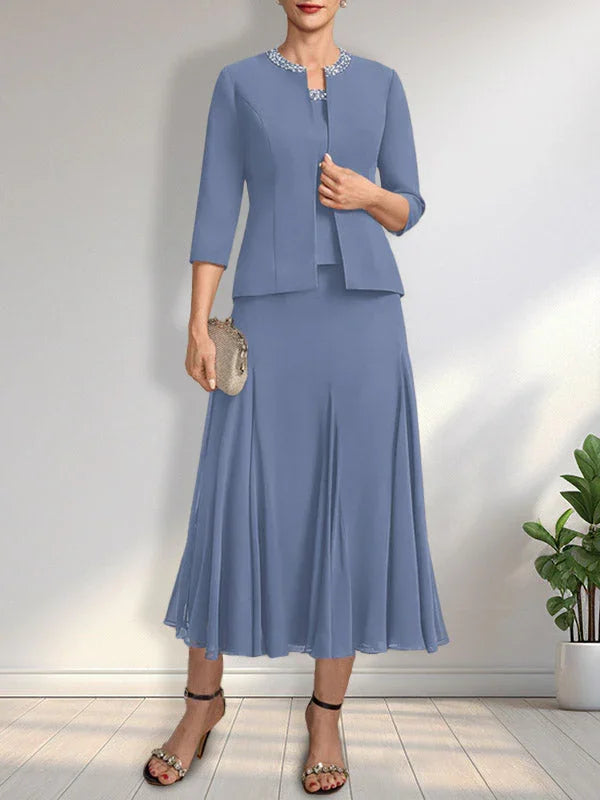 Getrenntes A-Linien Kleid mit U-Boot-Ausschnitt in Tee-Länge aus Chiffon für die Brautmutter mit Paillettenstickerei