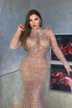 Long Mermaid High Neck Sequins Prom Dress with Sleeves