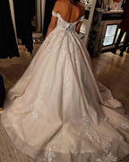 Vintage A Line Off The Shoulder Tulle Princess Long Wedding Dress Lace