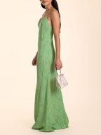 Elegante Abito Lungo Scollato a V in Jacquard Verde Lime