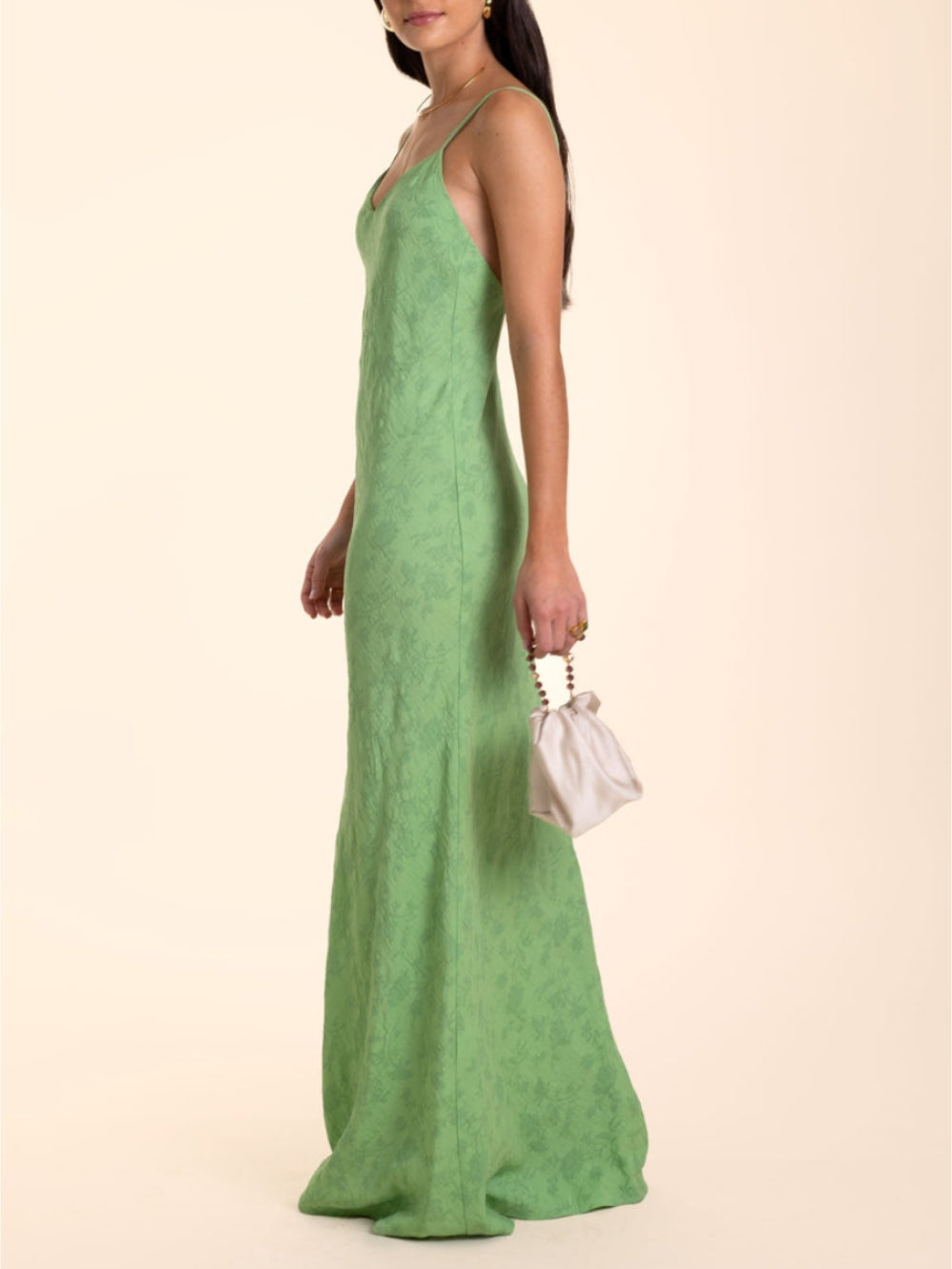 Elegante Abito Lungo Scollato a V in Jacquard Verde Lime