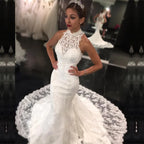High Neck Sleeveless Mermaid Long Lace Wedding Dress With Appliques