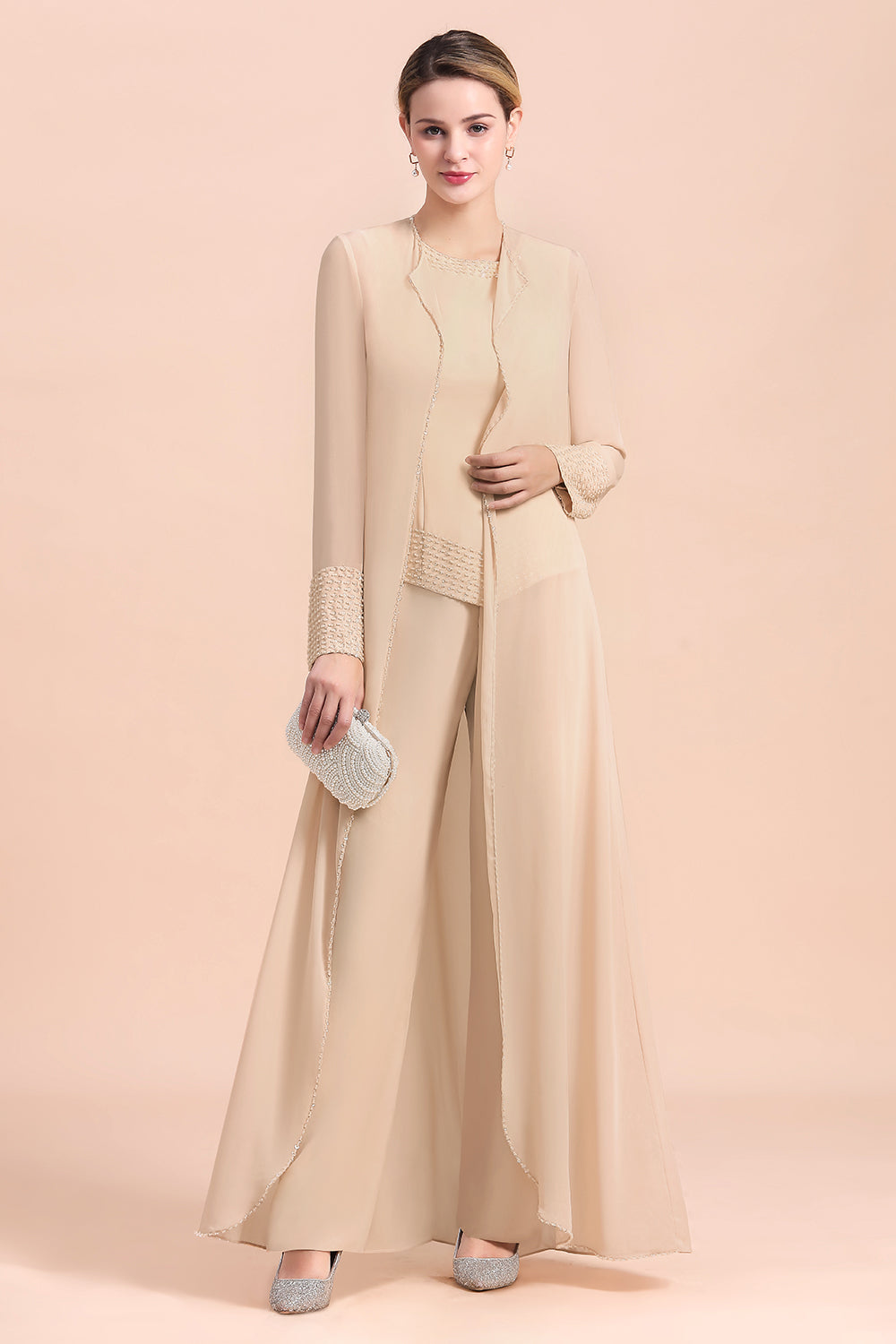 BMbridal Champagne Long Chiffon Mother of the Bride Dress Two Pieces With Jacket