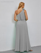 Ruffled One Shoulder Sleeveless Long Bridesmaid Dresses A-line Formal Evening Gown Side Split 28080