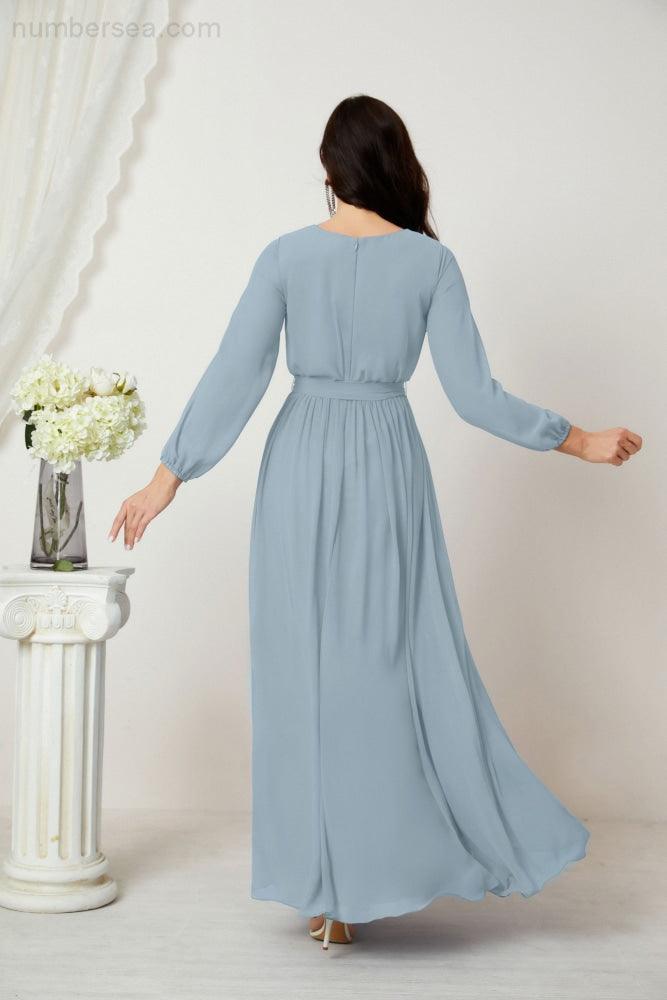 Evening Dresses Deep V-Neck Chiffon Bridesmaid Dresses Long Bishop Sleeve Side Split Formal Dress 2806