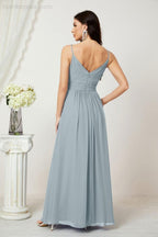 Chiffon V-Neck Bridesmaid Dress Spaghetti Strap Long Formal Party Prom Gowns with Slit 28010