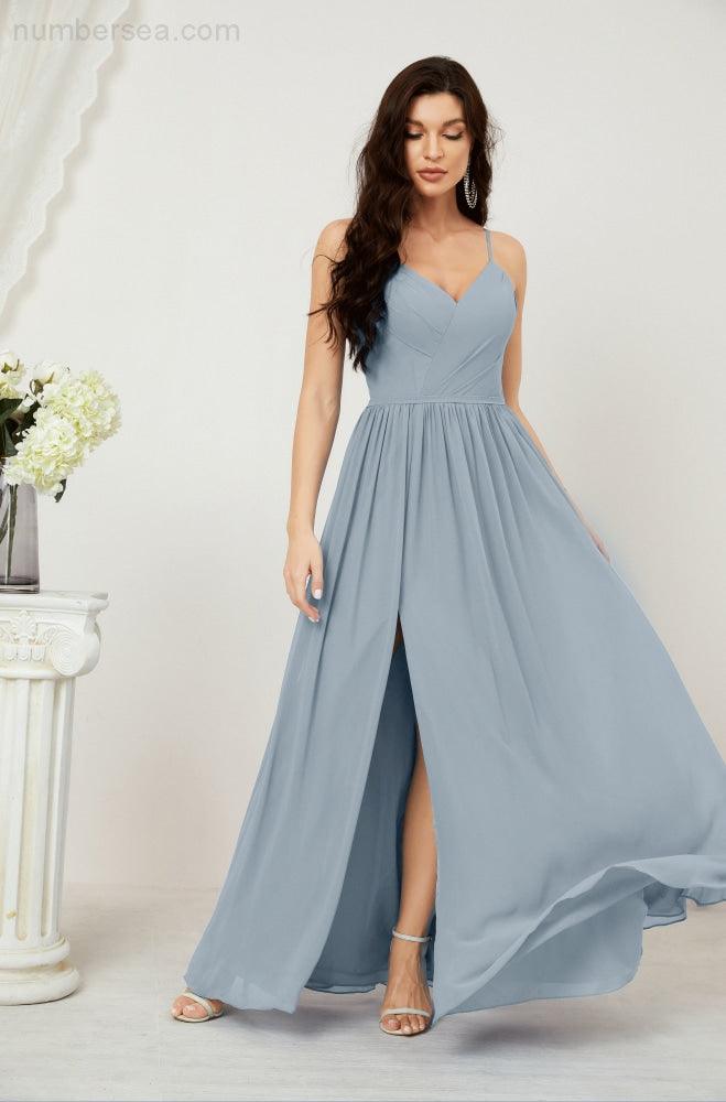 Neck Bridesmaid Dresses Chiffon Long Spaghetti A-line Formal Prom Gown for Wedding Party Evening 2801