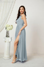 Chiffon V-Neck Bridesmaid Dress Spaghetti Strap Long Formal Party Prom Gowns with Slit 28010