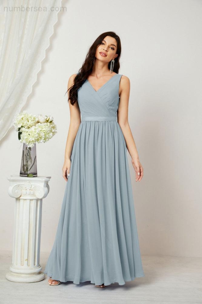 Abiti lunghi da damigella in chiffon da donna, linea a, senza maniche, abito formale da ballo per serata, abiti per festa di ritorno a casa 2808