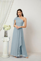 Chiffon Ruffled One Shoulder Long Bridesmaid Dresses A-line Formal Evening Gown Side Split 2809