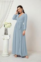 Evening Dresses Deep V-Neck Chiffon Bridesmaid Dresses Long Bishop Sleeve Side Split Formal Dress 2806