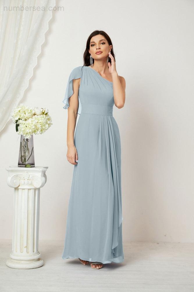Chiffon Ruffled One Shoulder Long Bridesmaid Dresses A-line Formal Evening Gown Side Split 2809