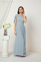 Chiffon Ruffled One Shoulder Long Bridesmaid Dresses A-line Formal Evening Gown Side Split 2809