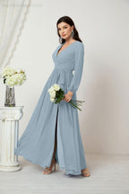 Evening Dresses Deep V-Neck Chiffon Bridesmaid Dresses Long Bishop Sleeve Side Split Formal Dress 2806