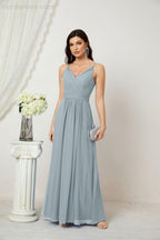 Chiffon V-Neck Bridesmaid Dress Spaghetti Strap Long Formal Party Prom Gowns with Slit 28010
